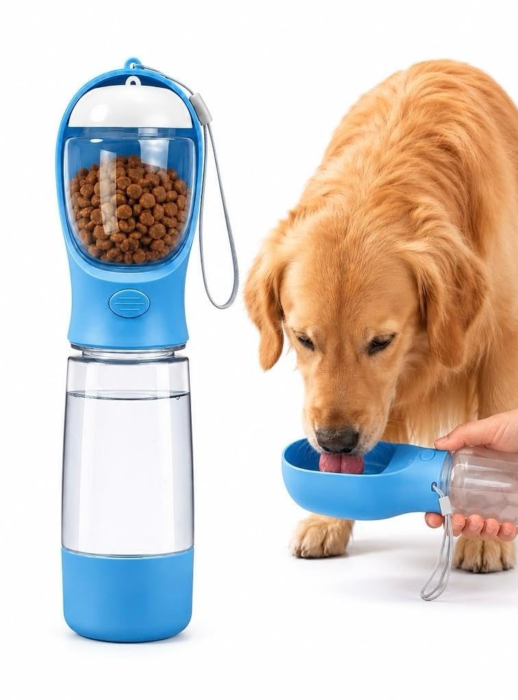 Portable Dog Water Bottle with Bowl, Food Container & Poop Bag Holder, 13.5 oz, Leak Proof Travel Pet Water Bottle for Dogs & Cats, Food Grade Plastic Dispenser for Walking, Hiking & Camping (Pink)