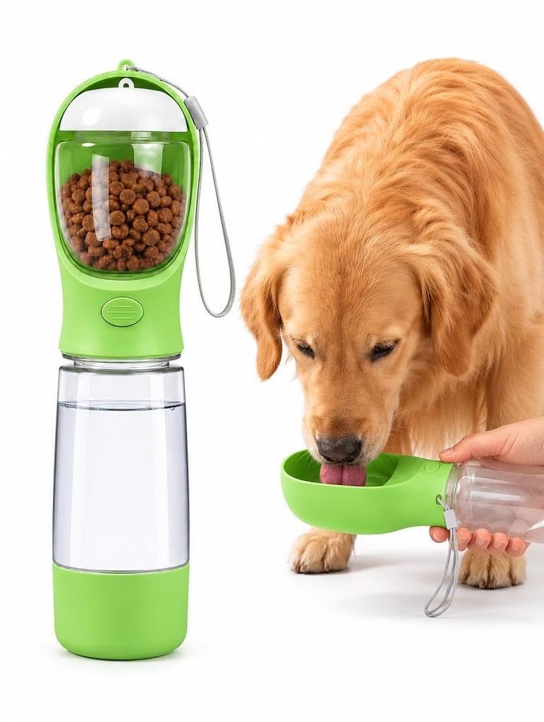 Portable Dog Water Bottle with Bowl, Food Container & Poop Bag Holder, 13.5 oz, Leak Proof Travel Pet Water Bottle for Dogs & Cats, Food Grade Plastic Dispenser for Walking, Hiking & Camping (Pink)