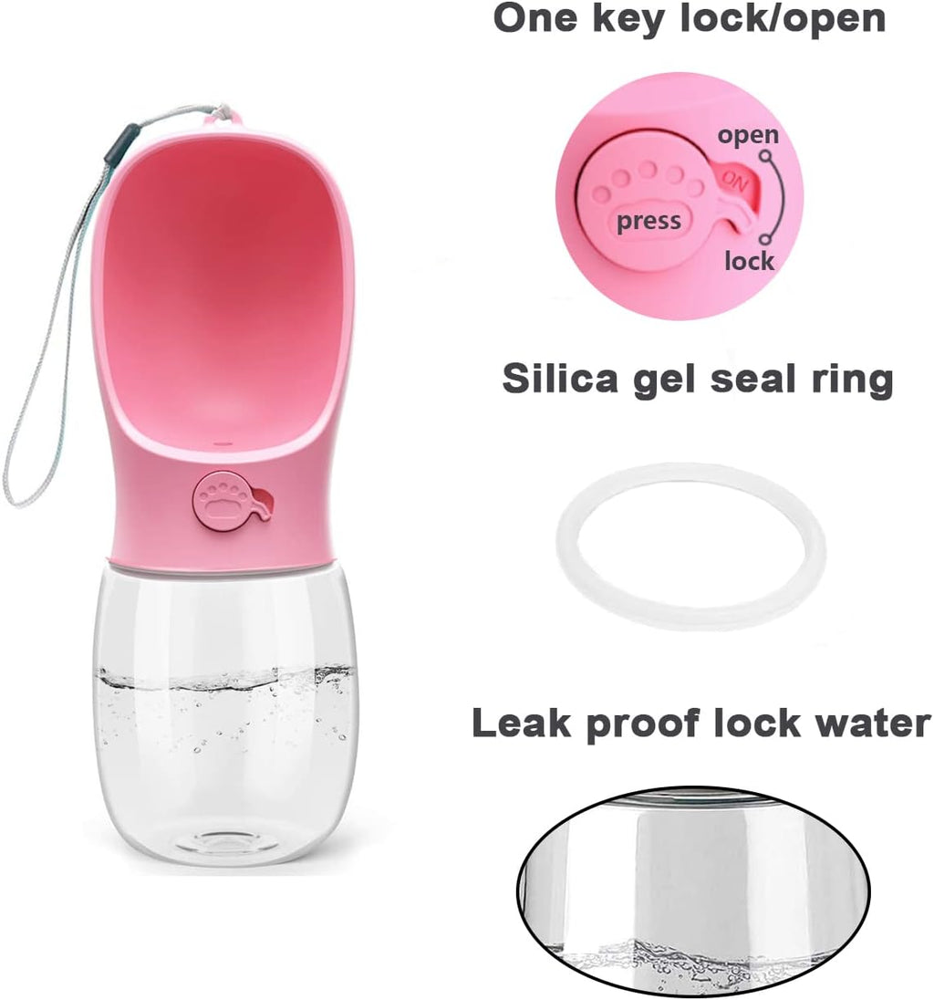 Kalimdor Dog Water Bottle, Leak Proof Portable Puppy Water Dispenser with Drinking Feeder for Pets Outdoor Walking, Hiking, Travel, Food Grade Plastic (12oz Pink)