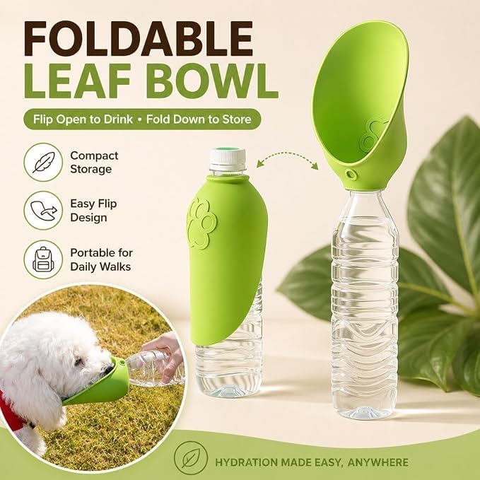 Dog Water Bottle Adapter Portable Silicone Dog Water Dispenser for Standard Water Bottles Leak Proof Outdoor Pet Water Feeder Bowl for Dog Cat Walking Hiking Travel Foldable Leaf Design