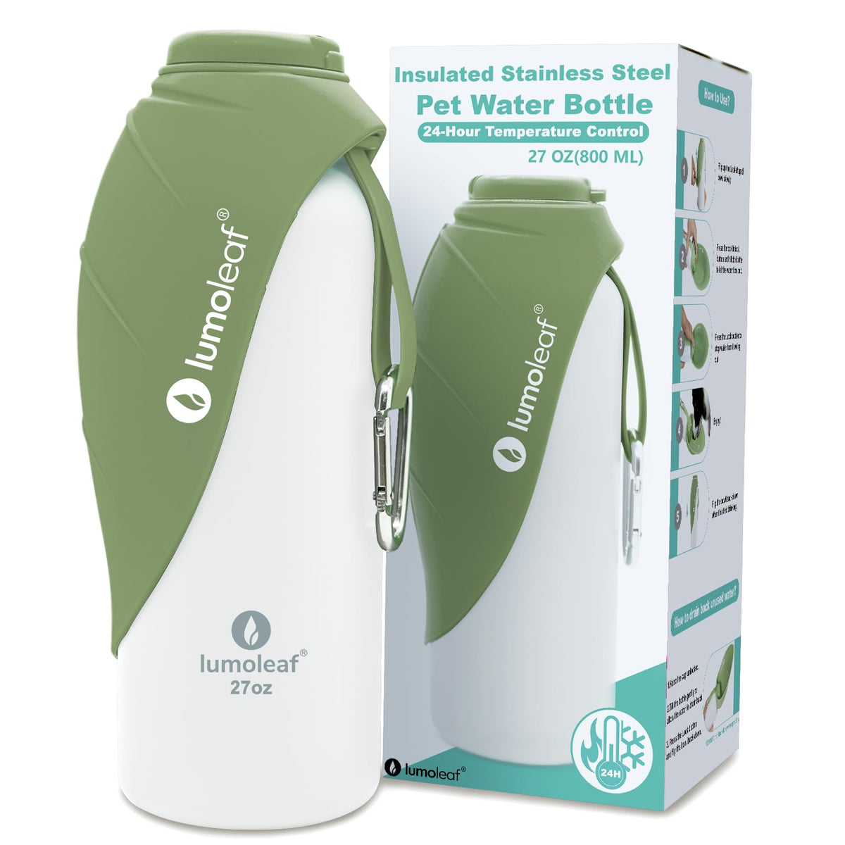 LumoLeaf Insulated Dog Water Bottle 27 oz Stainless Steel - Keep Water Cool or Warm, Portable Pet Water Bowl for Travel, Wide Mouth for Easy Ice Filling & Cleaning