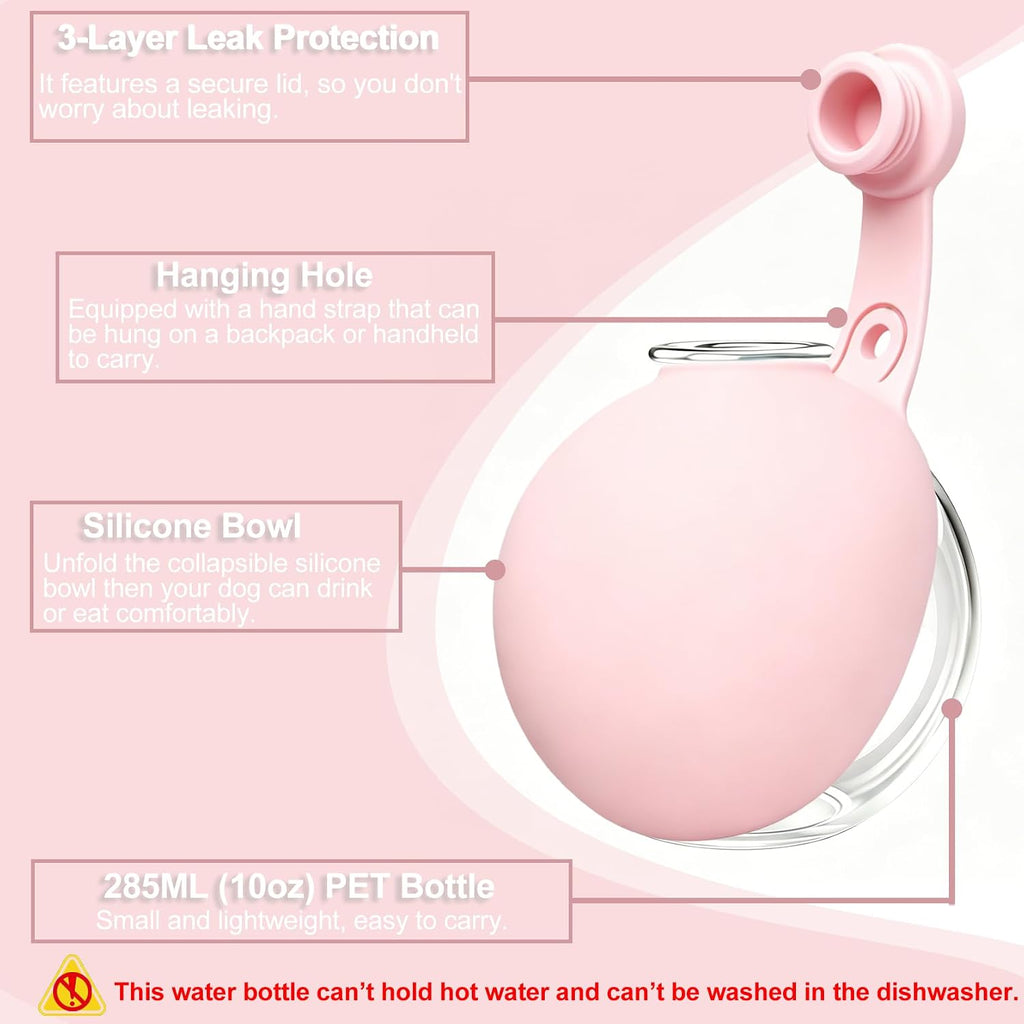 Dog Water Bottle Portable, 2in1 Round Foldable Water Bowl for Dogs Pink PET