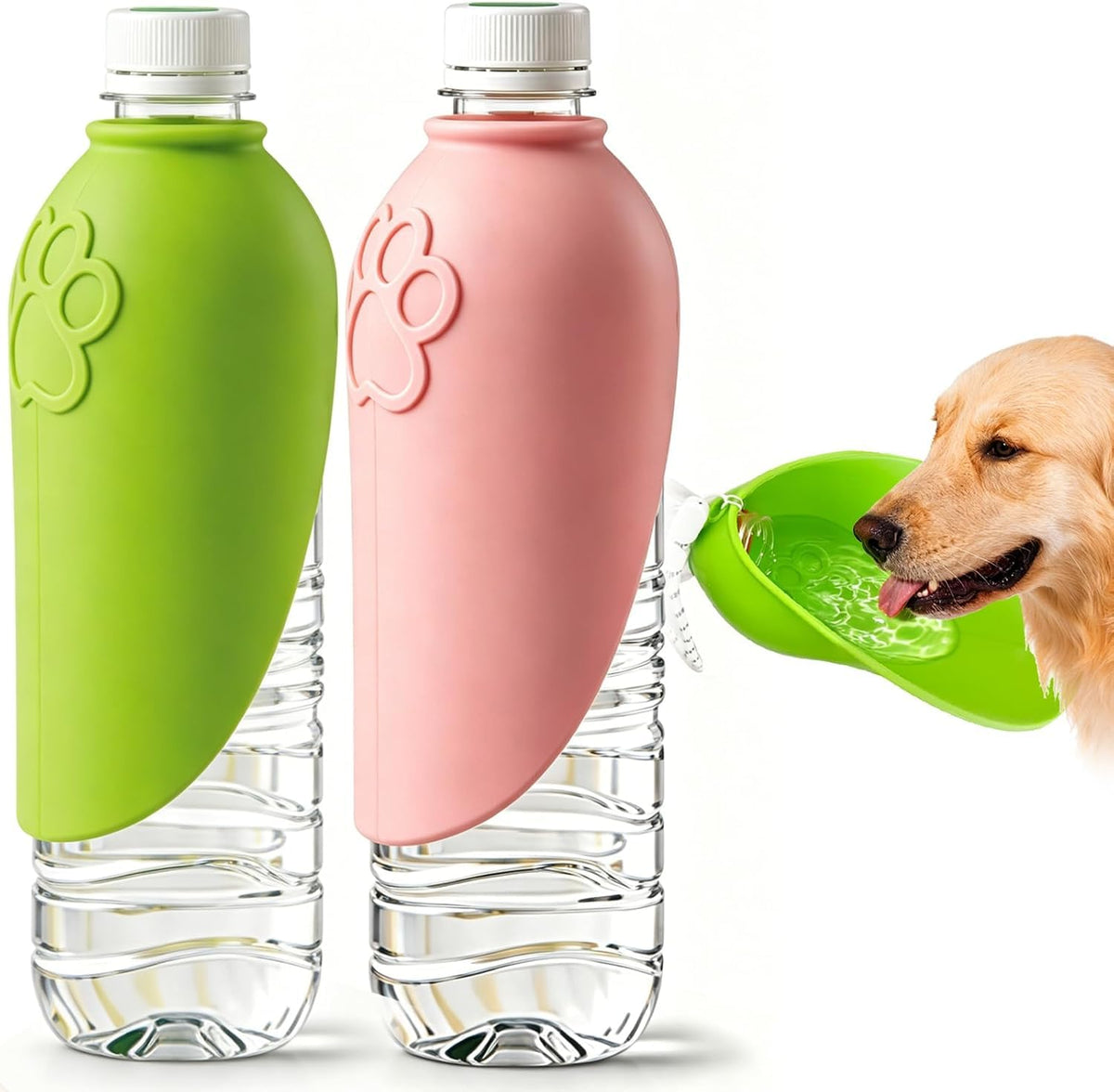 Silicone Dog Water Bottle Adapter, Leakproof Foldable Pet Water Dispenser Cap with Bowl for Walking Hiking Travel, Cat Dog Attachment for Water Bottle, Portable Outdoor Dog Drinking Accessory (2pcs)