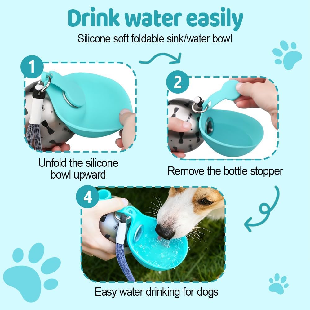 Portable Pet Water Bottle, 285ml/10 Oz Stainless Steel Compact Dog Drinking Bottles Leak Proof Cat Travel Water Bottles with Foldable Silicone Bowl for Outdoor Walking Hiking