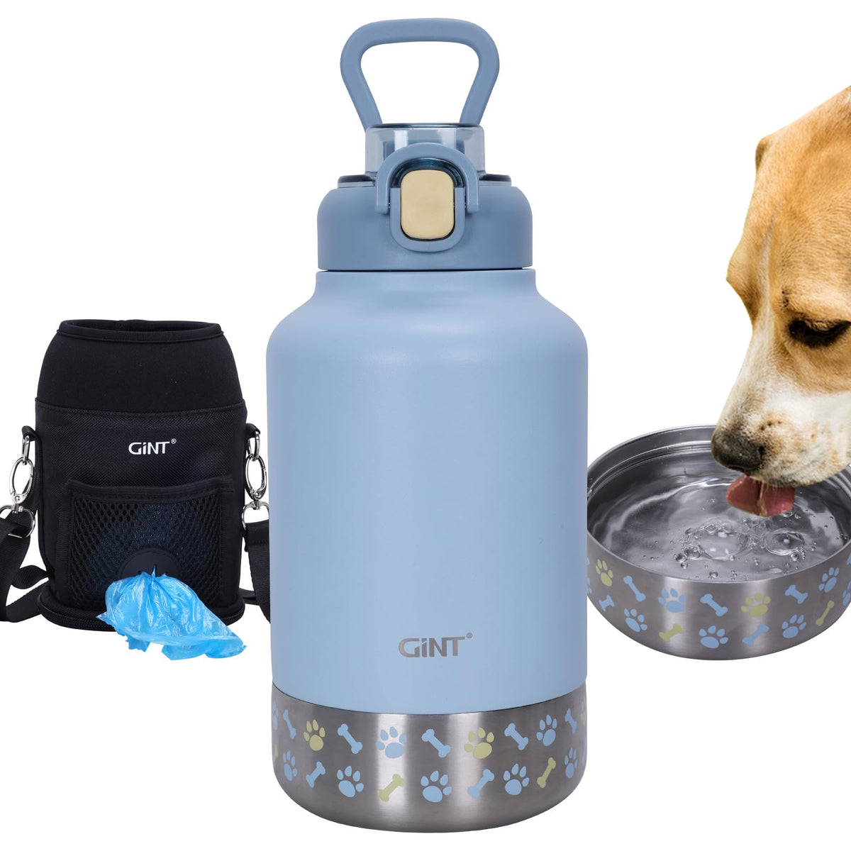GiNT 37oz / 1.1L Insulated Dog Water Bottle with Carrying Case, Dark Grey