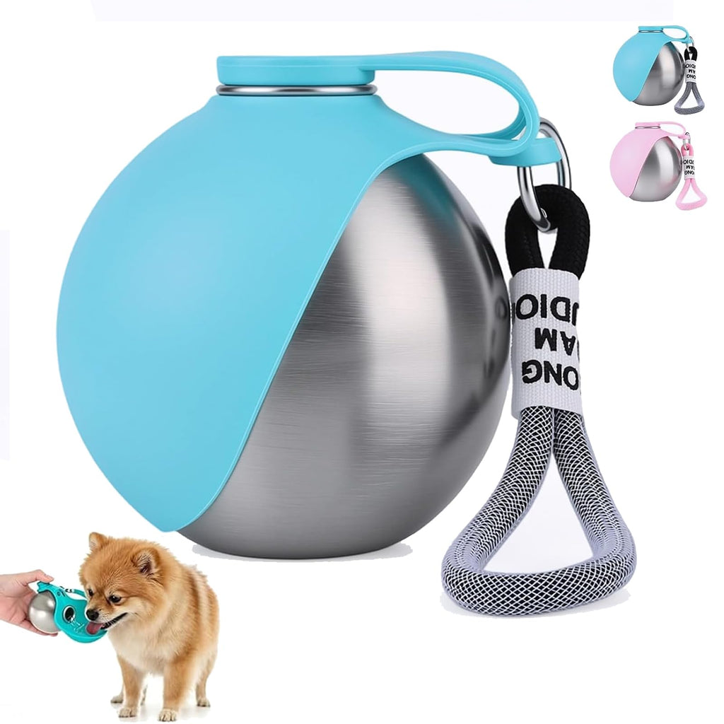 2 in 1 Portable Tumbler for Dogs, Portable Dog Water Ball, 10oz Stainless Steel Pet Water Dispenser with Silicone Foldable Bowl, Leak Proof, Portable Small Dog Water Bottle for Walking, Hiking(Pink)
