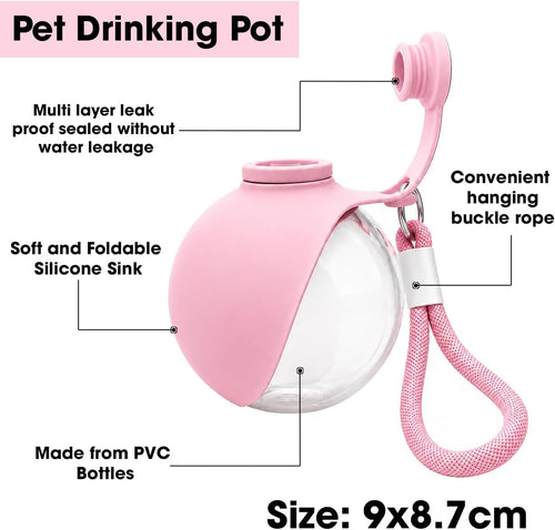 2-in-1 Portable Dog Water Bottle with Foldable Bowl, Leak-Proof Pet Travel Water Dispenser with Carry Strap, Lightweight Drinking Bottle for Dogs and Cats, Walking, Hiking and Outdoor Use Plastic Pink