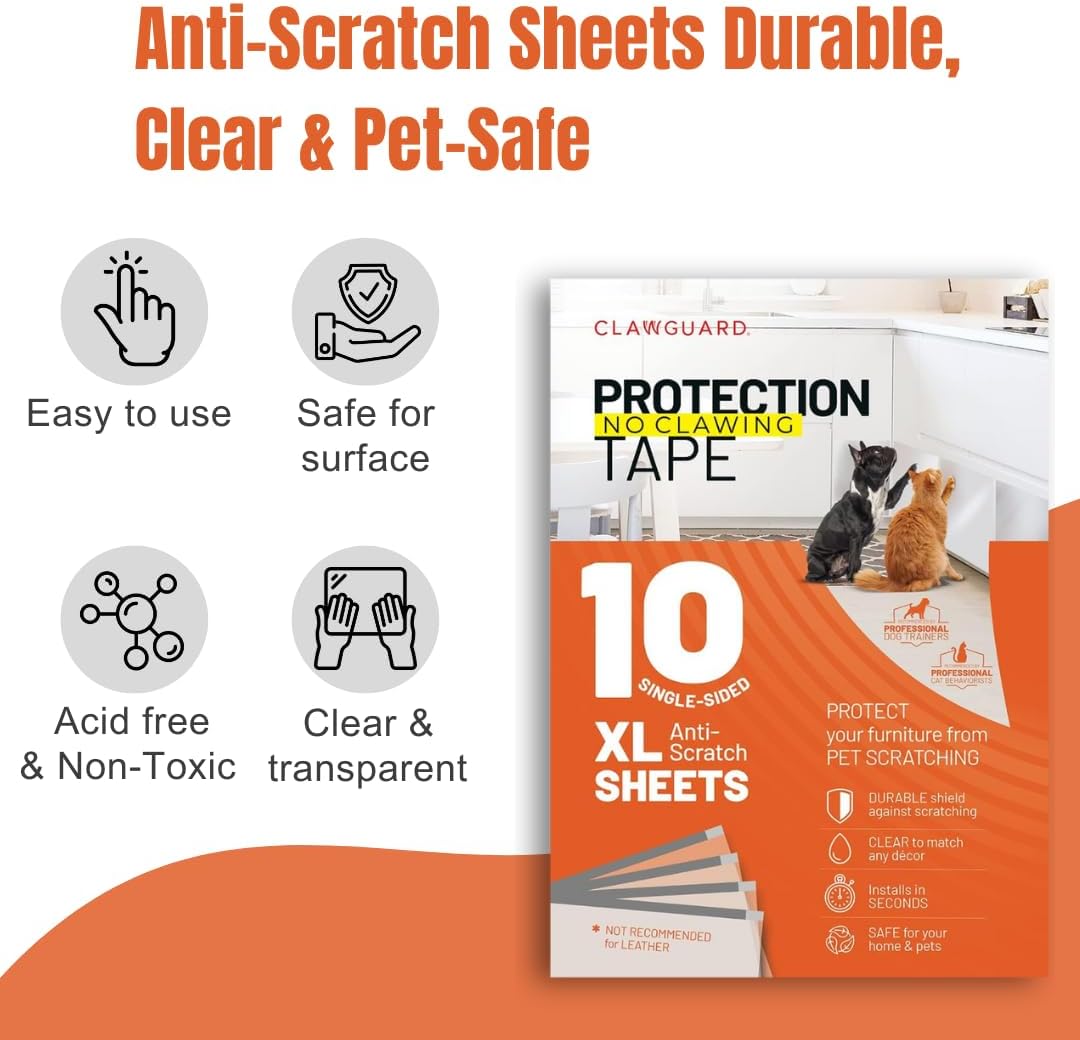 CLAWGUARD Cat and Dog Scratch Protector Tape, Door and Couch, 10 XL Sheets