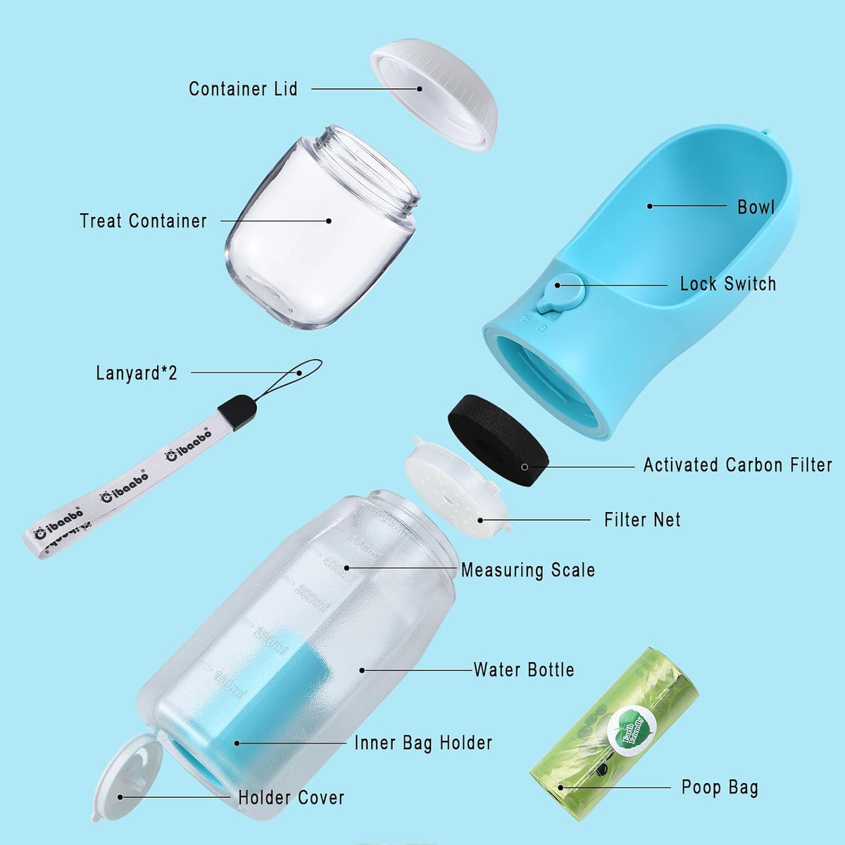 Cibaabo Dog Water Bottle with Food Container & Poop Bag Holder & Filter