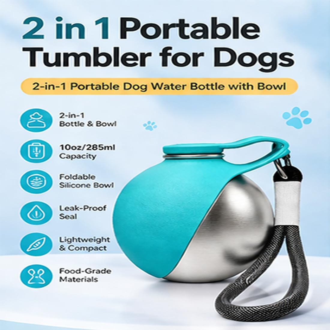 2 in 1 Portable Tumbler for Dogs, 2026 New 10Oz Stainless Steel Dog Water Bottle with Silicone Foldable Bowl, Leak-Proof 2 in 1 Portable Small Dog Water Bottle for Walking, Hiking & Travel (10Oz-Blue)