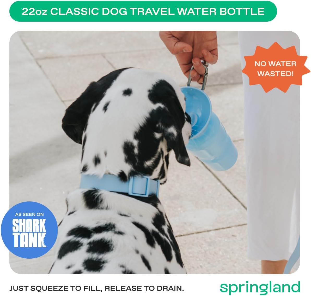 Springer Dog Water Bottle | Portable Travel Drinking Feeder Dispenser for Dogs & Puppies | As Seen on Shark Tank | Leak-Proof Bowl | BPA-Free | Outdoor Walking, Hiking & Travel | 22oz Blue
