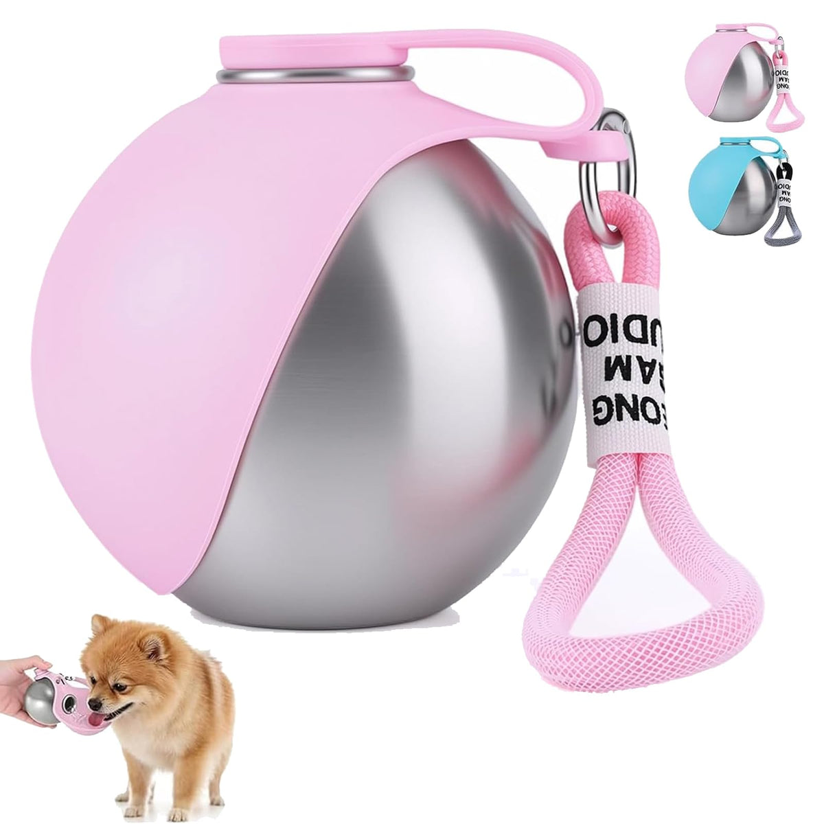 2 in 1 Portable Tumbler for Dogs, Portable Dog Water Ball, 10oz Stainless Steel Pet Water Dispenser with Silicone Foldable Bowl, Leak Proof, Portable Small Dog Water Bottle for Walking, Hiking(Pink)