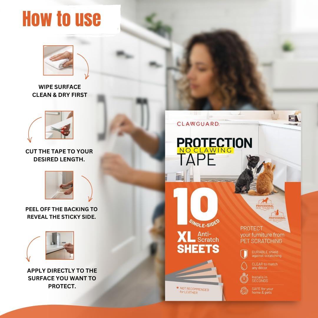 CLAWGUARD Cat and Dog Scratch Protector Tape, Door and Couch, 10 XL Sheets