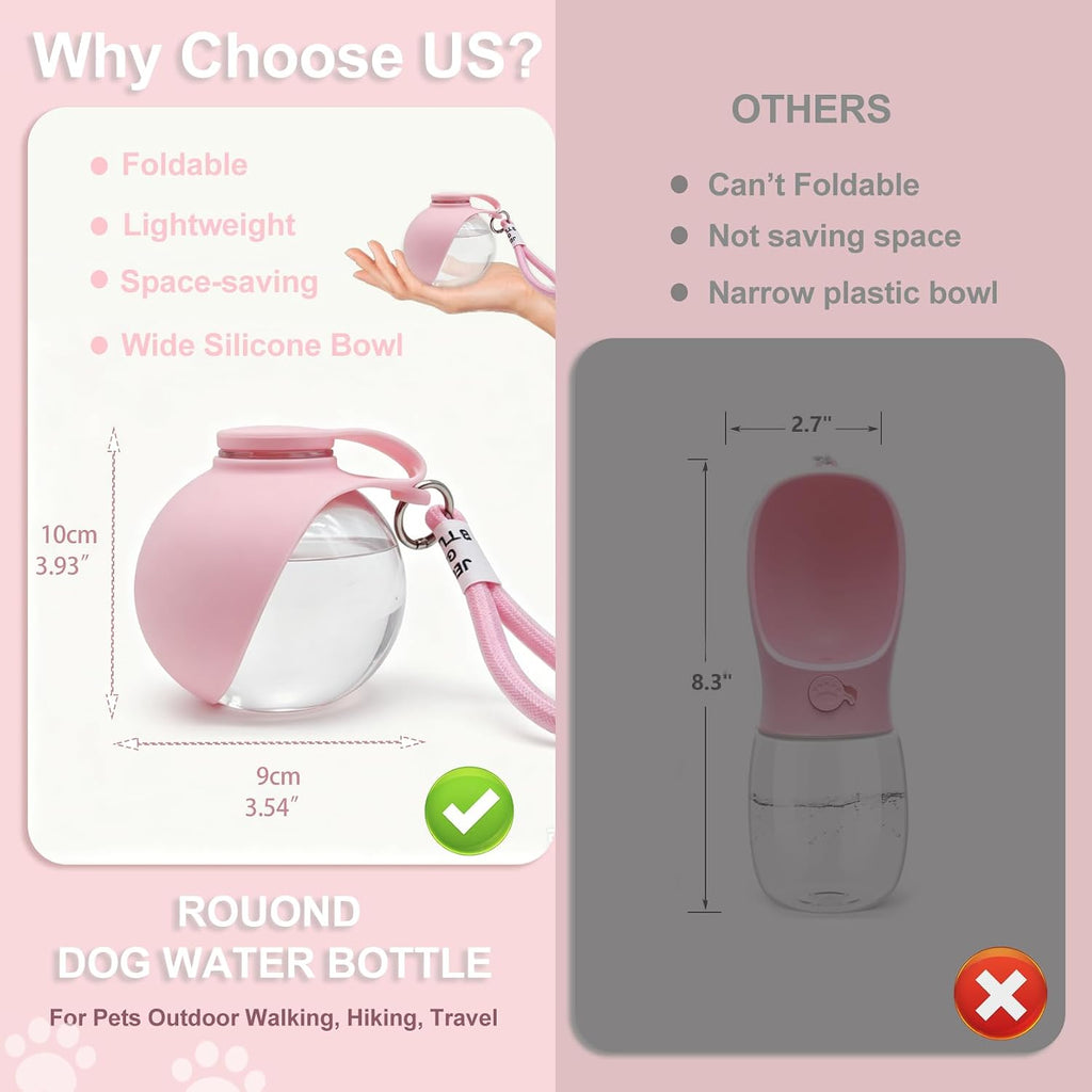 Dog Water Bottle Portable, 2in1 Round Foldable Water Bowl for Dogs Pink PET