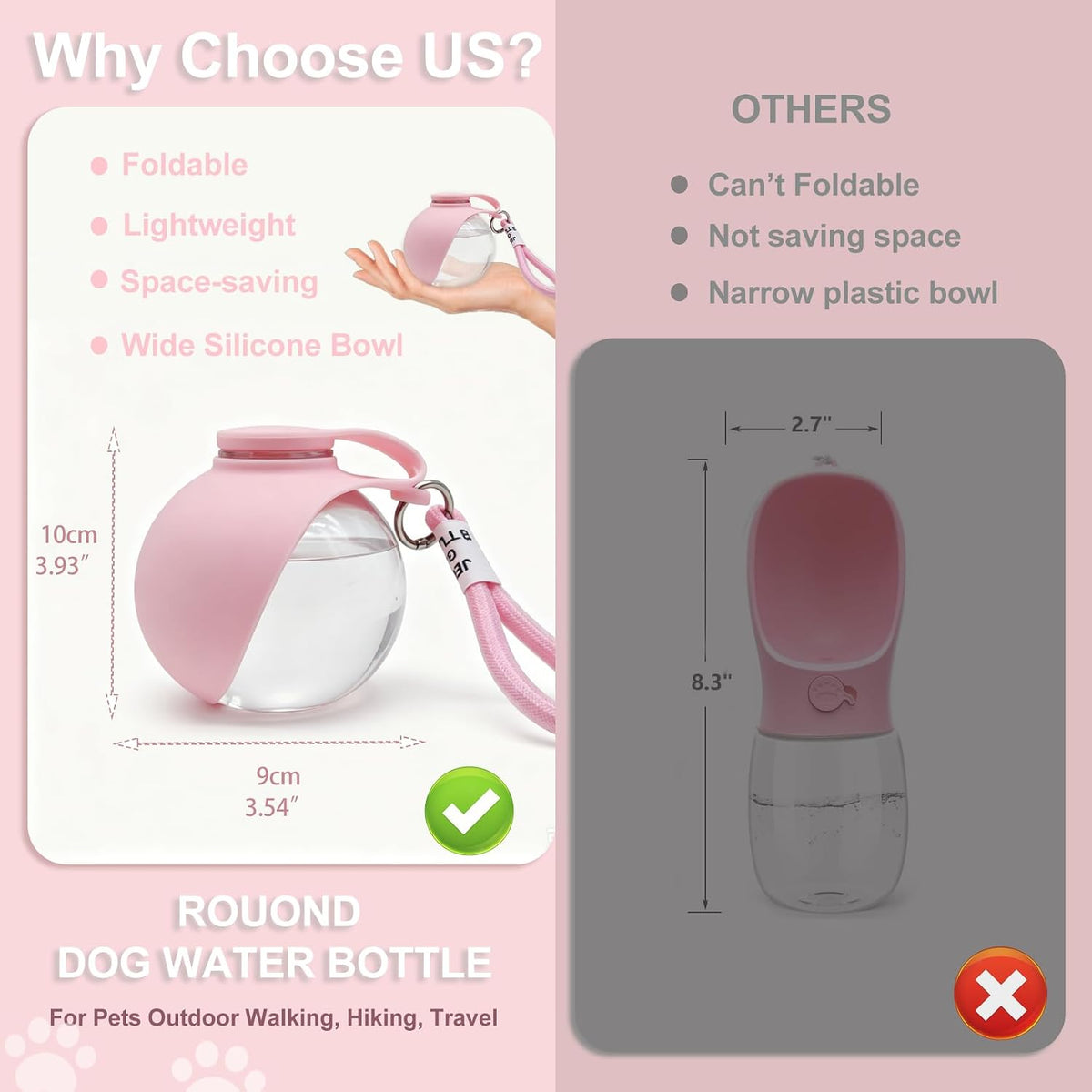Dog Water Bottle Portable, 2in1 Round Foldable Water Bowl for Dogs Pink PET