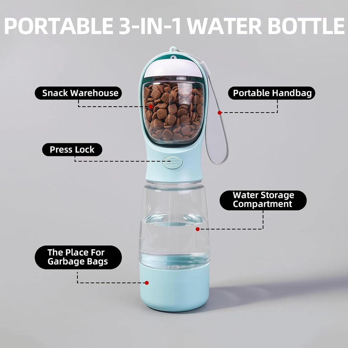 Portable Dog Water Bottle with Bowl, Food Container & Poop Bag Holder, 13.5 oz, Leak Proof Travel Pet Water Bottle for Dogs & Cats, Food Grade Plastic Dispenser for Walking, Hiking & Camping (Pink)