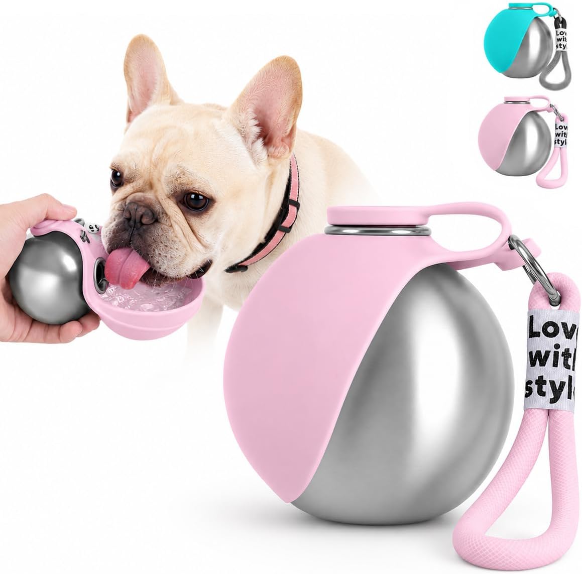 Portable Pet Dog Water Bottle with Silicone Collapsible Bowl, 10 oz Pink