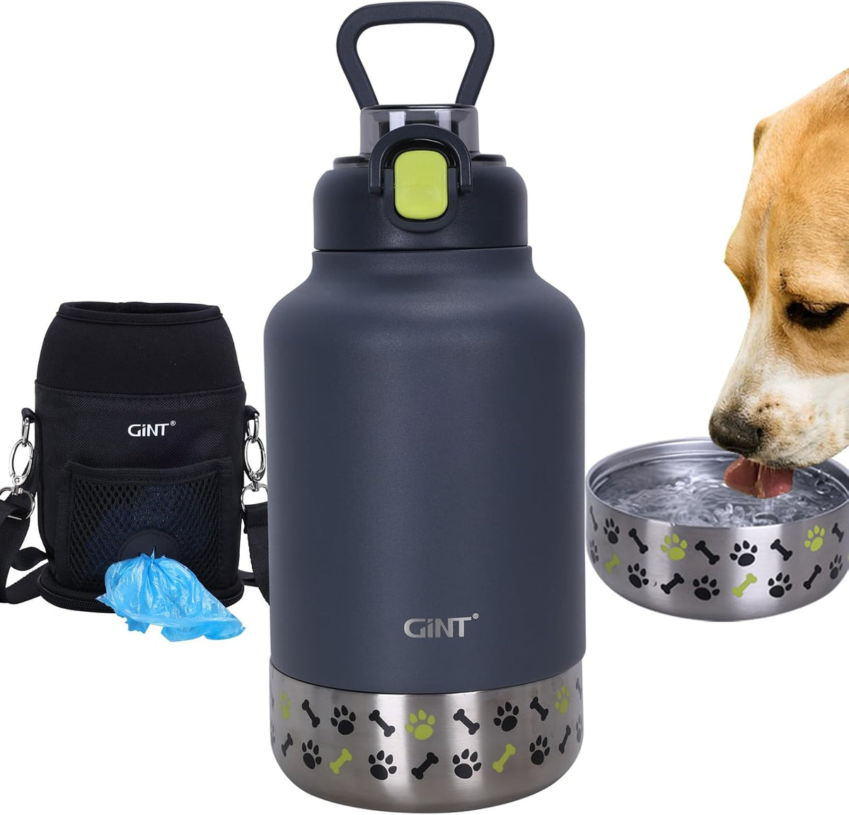 GiNT 37oz / 1.1L Insulated Dog Water Bottle with Carrying Case, Dark Grey
