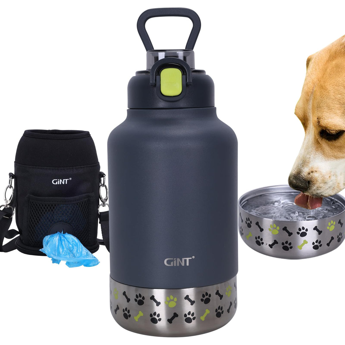 GiNT 37oz / 1.1L Insulated Dog Water Bottle with Carrying Case, Dark Grey