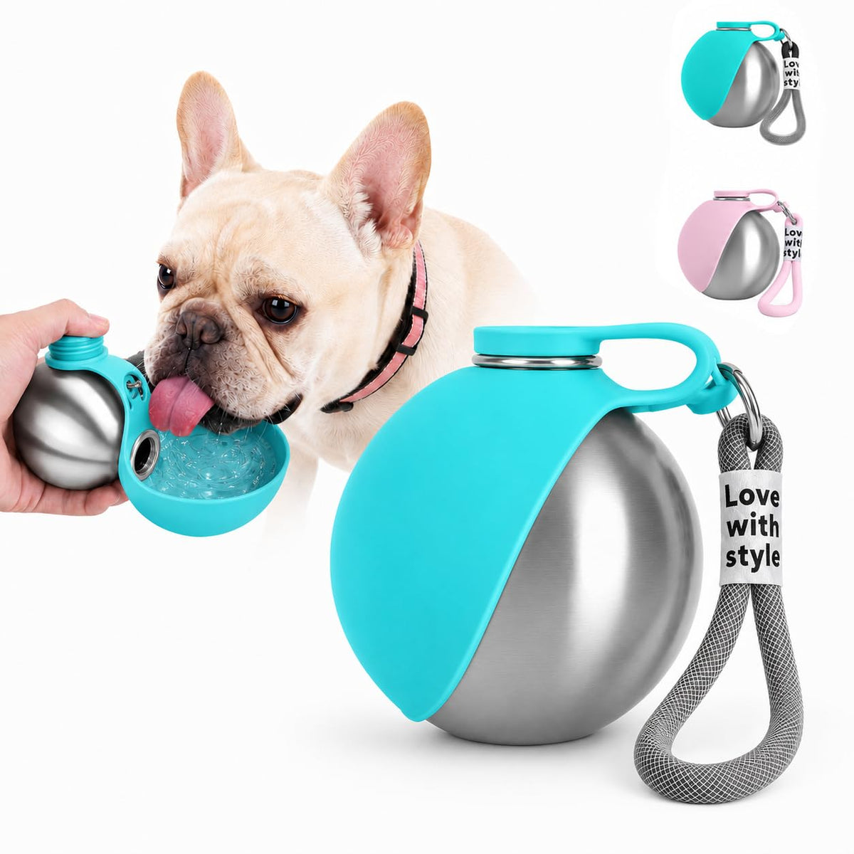 Portable Pet Dog Water Bottle with Silicone Collapsible Bowl, 10 oz Pink