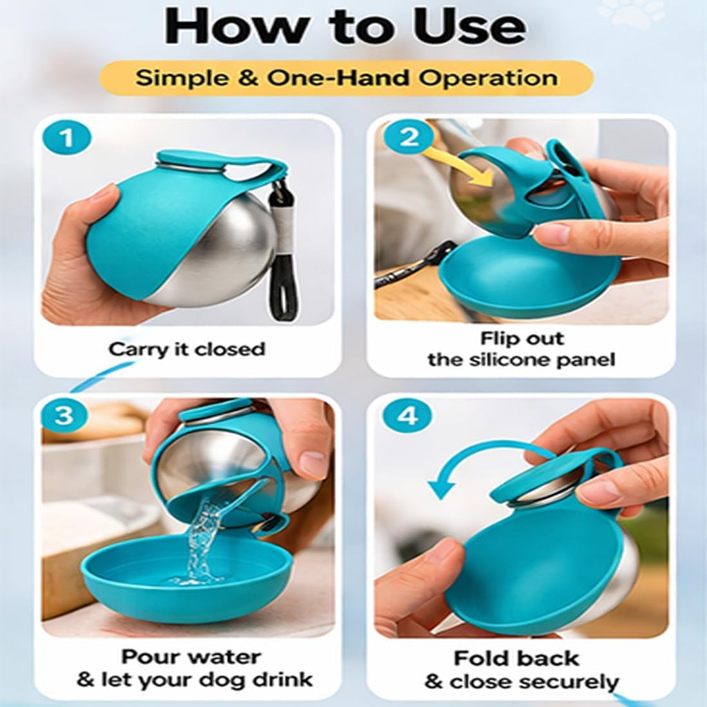 2 in 1 Portable Tumbler for Dogs, 2026 New 10Oz Stainless Steel Dog Water Bottle with Silicone Foldable Bowl, Leak-Proof 2 in 1 Portable Small Dog Water Bottle for Walking, Hiking & Travel (10Oz-Blue)