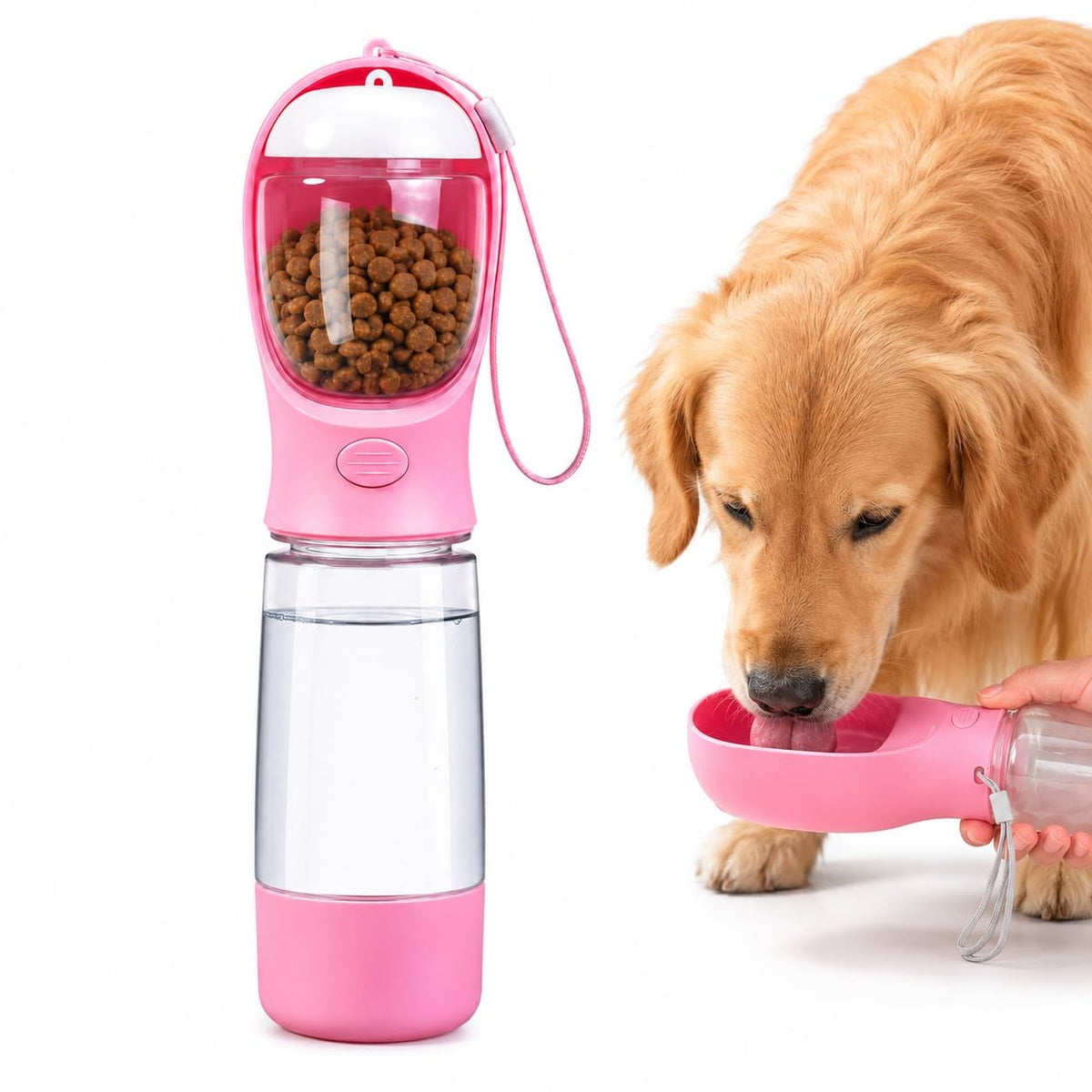 Portable Dog Water Bottle with Bowl, Food Container & Poop Bag Holder, 13.5 oz, Leak Proof Travel Pet Water Bottle for Dogs & Cats, Food Grade Plastic Dispenser for Walking, Hiking & Camping (Pink)