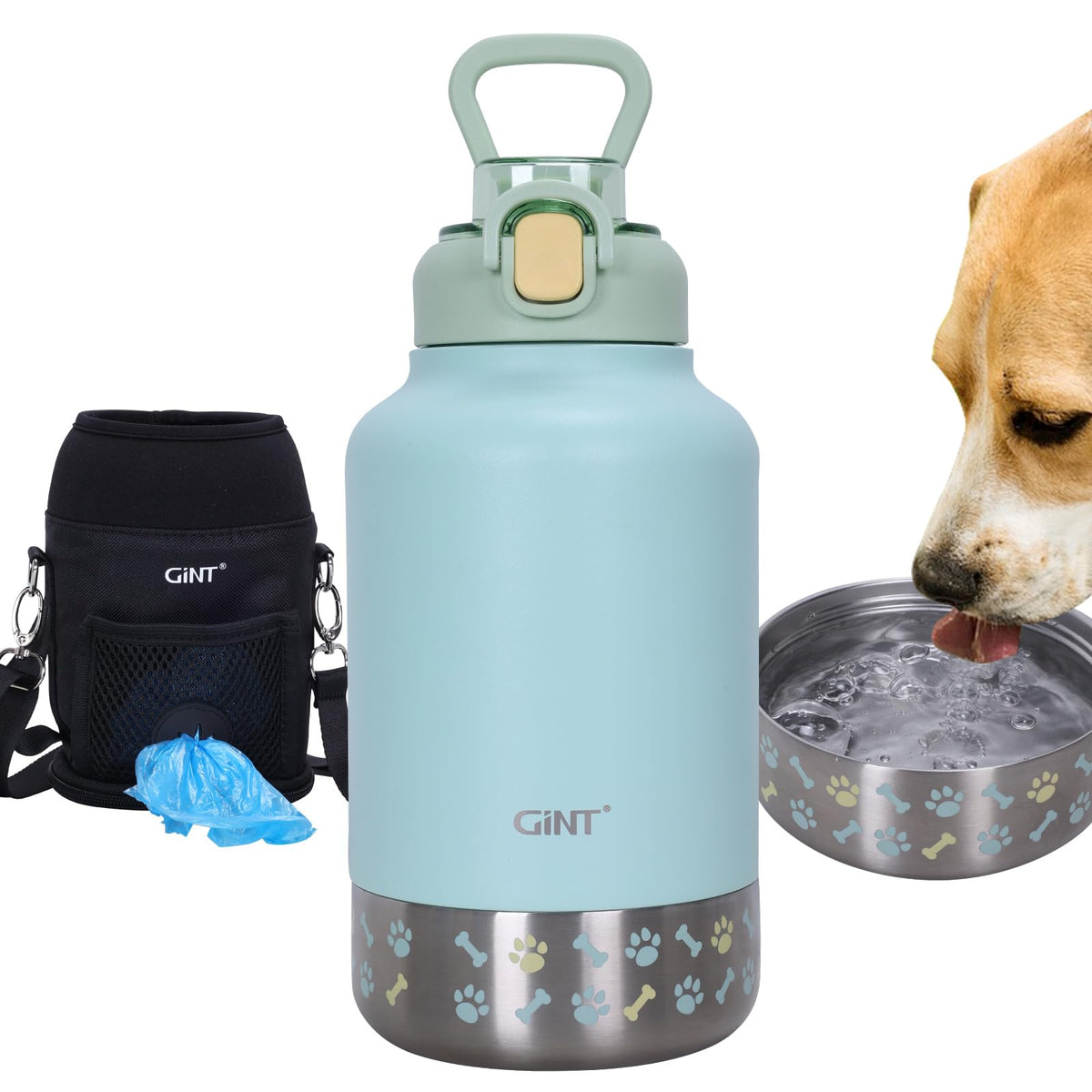 GiNT 37oz / 1.1L Insulated Dog Water Bottle with Carrying Case, Dark Grey