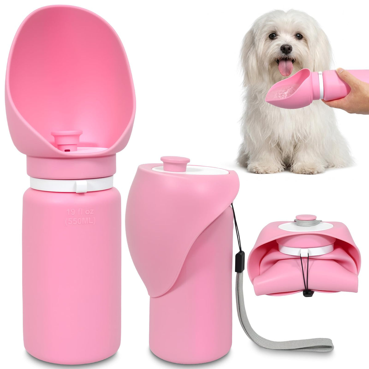 2 in 1 Foldable Dog Water Bottle, Leakproof Portable Pet Dispenser, Pink