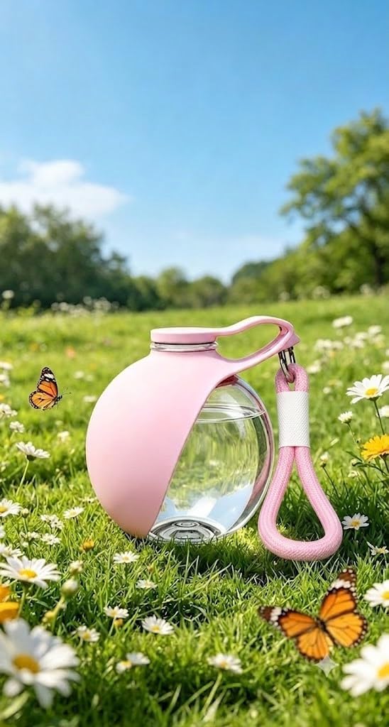 2-in-1 Portable Dog Water Bottle with Foldable Bowl, Leak-Proof Pet Travel Water Dispenser with Carry Strap, Lightweight Drinking Bottle for Dogs and Cats, Walking, Hiking and Outdoor Use Plastic Pink