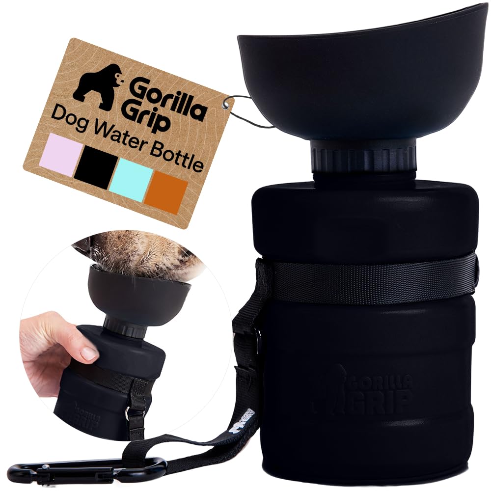 GORILLA GRIP Portable Dog Water Bottle, Food Grade Silicone, 16oz Black
