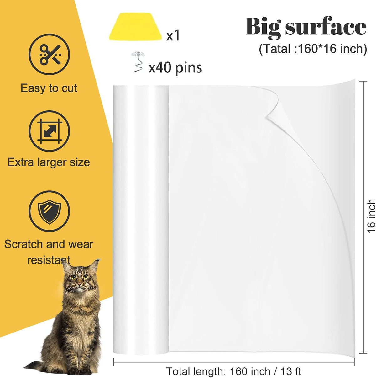Generic Cat Scratch Furniture Protector, 15.8"x157" Thick Vinyl Couch Protector, Clear Self-Adhesive Cat Tape for Furniture, Sofa, Door, Walls