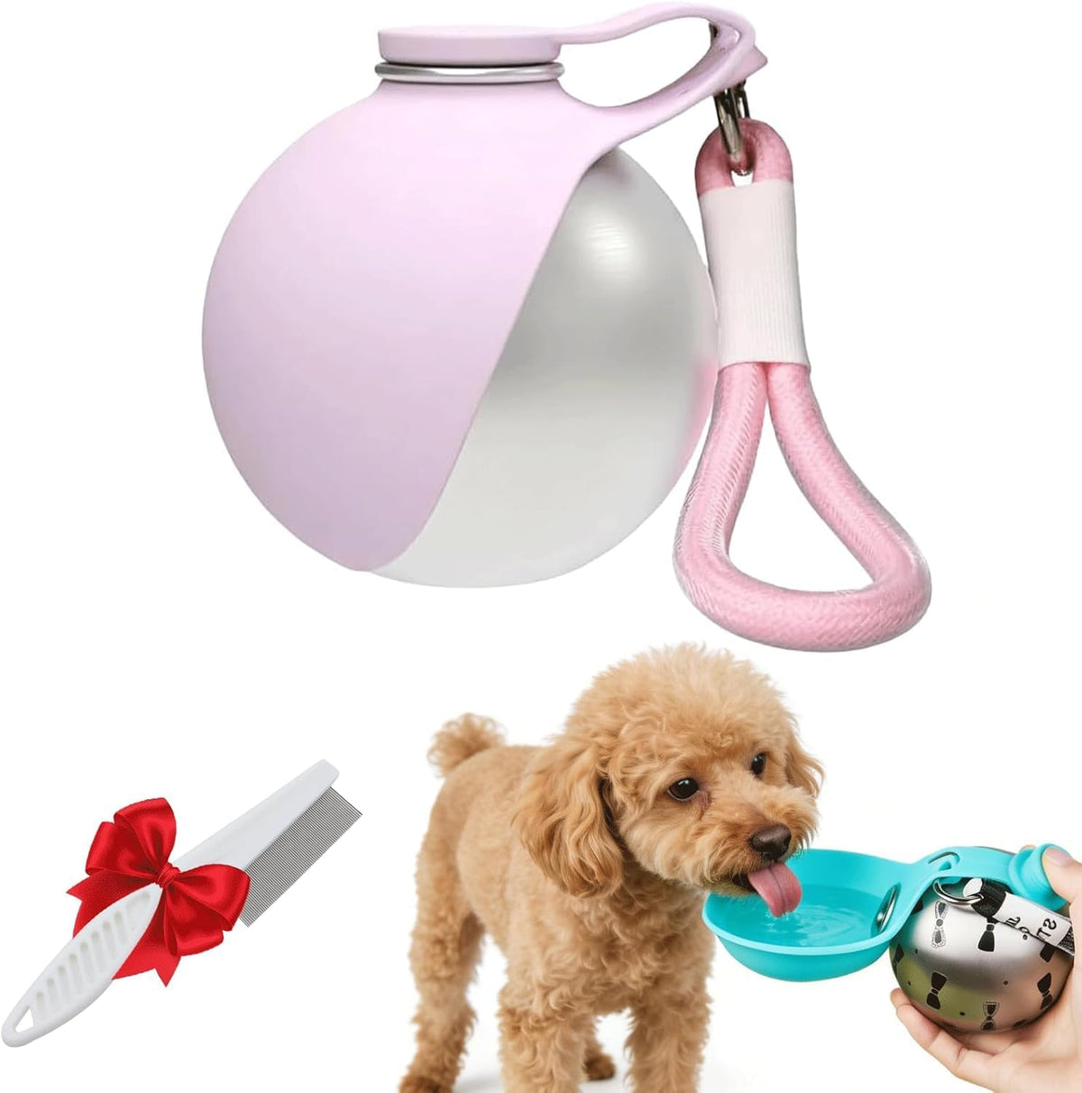Portable Dog Water Bottle, 304 Stainless Steel Foldable Pet Water Cup, Leak-Proof Travel Water Dispenser with Foldable Silicone Bowl, 285ml Large Capacity for Dogs Cats Outdoor Walking Hiking