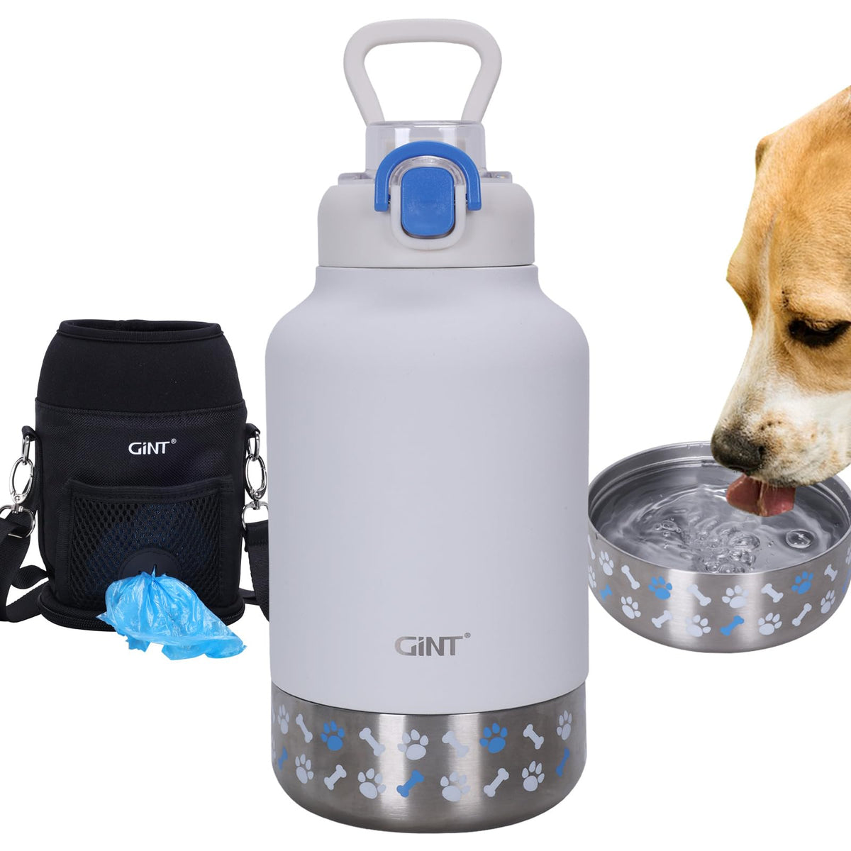 GiNT 37oz / 1.1L Insulated Dog Water Bottle with Carrying Case, Dark Grey