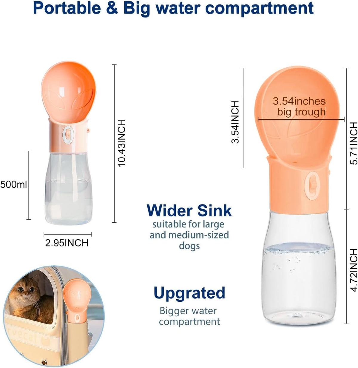 Dog Water Bottle, Widen Sink Portable Dogs Water Dispenser, Orange, 17oz