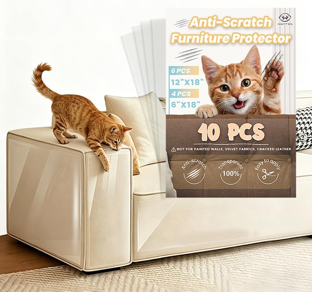 Cat Couch Protector, 10 Pack Clear Anti-Scratch Cat Tape, 2 Sizes Self-Adhesive Nail-Free Non-Toxic Scratch Guard for Furniture