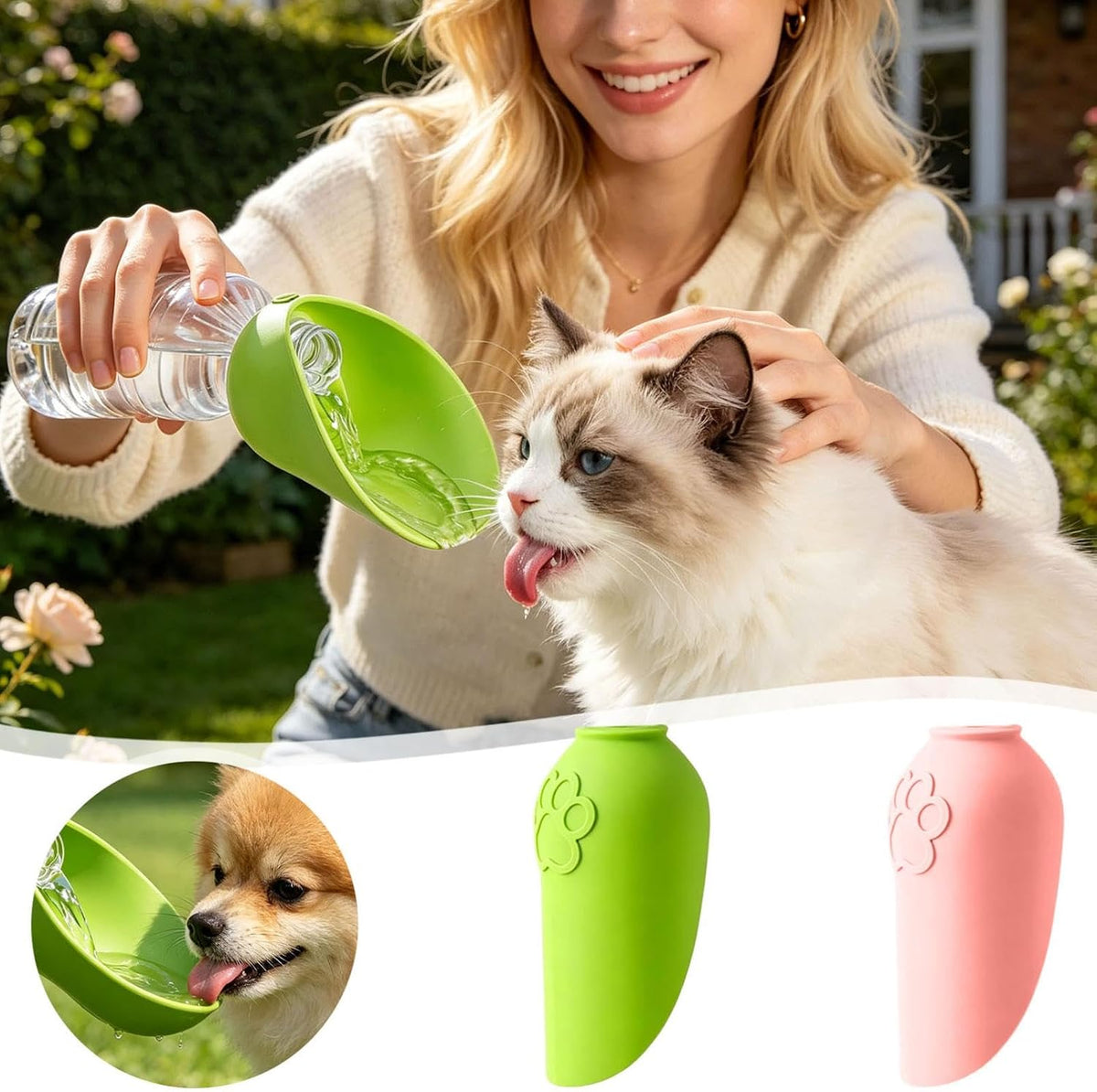 Silicone Dog Water Bottle Adapter, Leakproof Foldable Pet Water Dispenser Cap with Bowl for Walking Hiking Travel, Cat Dog Attachment for Water Bottle, Portable Outdoor Dog Drinking Accessory (2pcs)