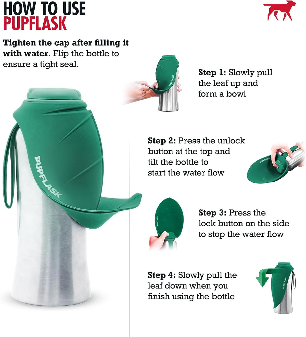 PupFlask Large Dog Water Bottle, Portable Stainless Steel Travel Bowl