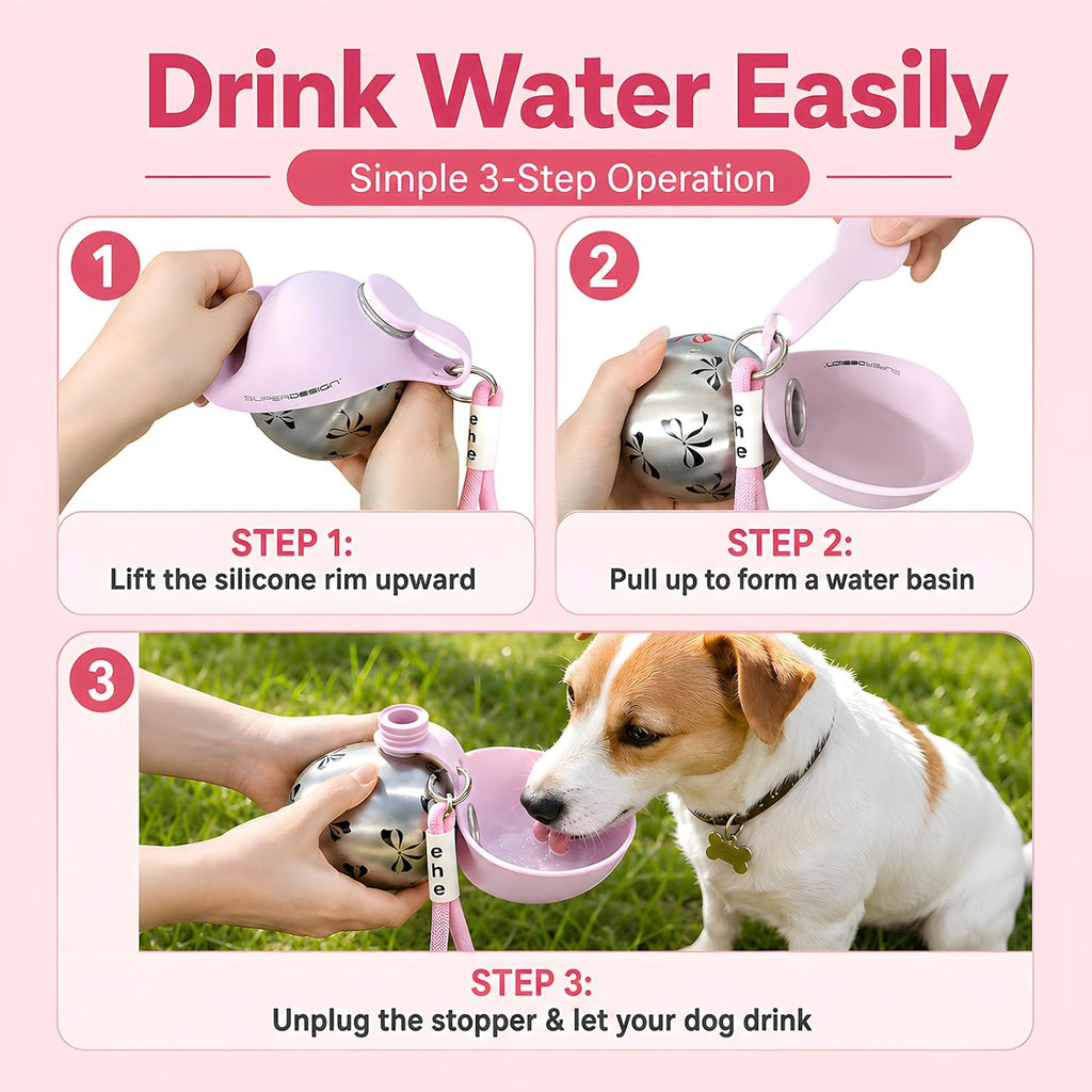 Portable Dog Water Bottle, 2-in-1 Stainless Steel Pet Water Dispenser with Bowl, Leak Proof, Lightweight with Lanyard,Water Bottle for Walking Travel Hiking,10oz for Small Medium Dogs