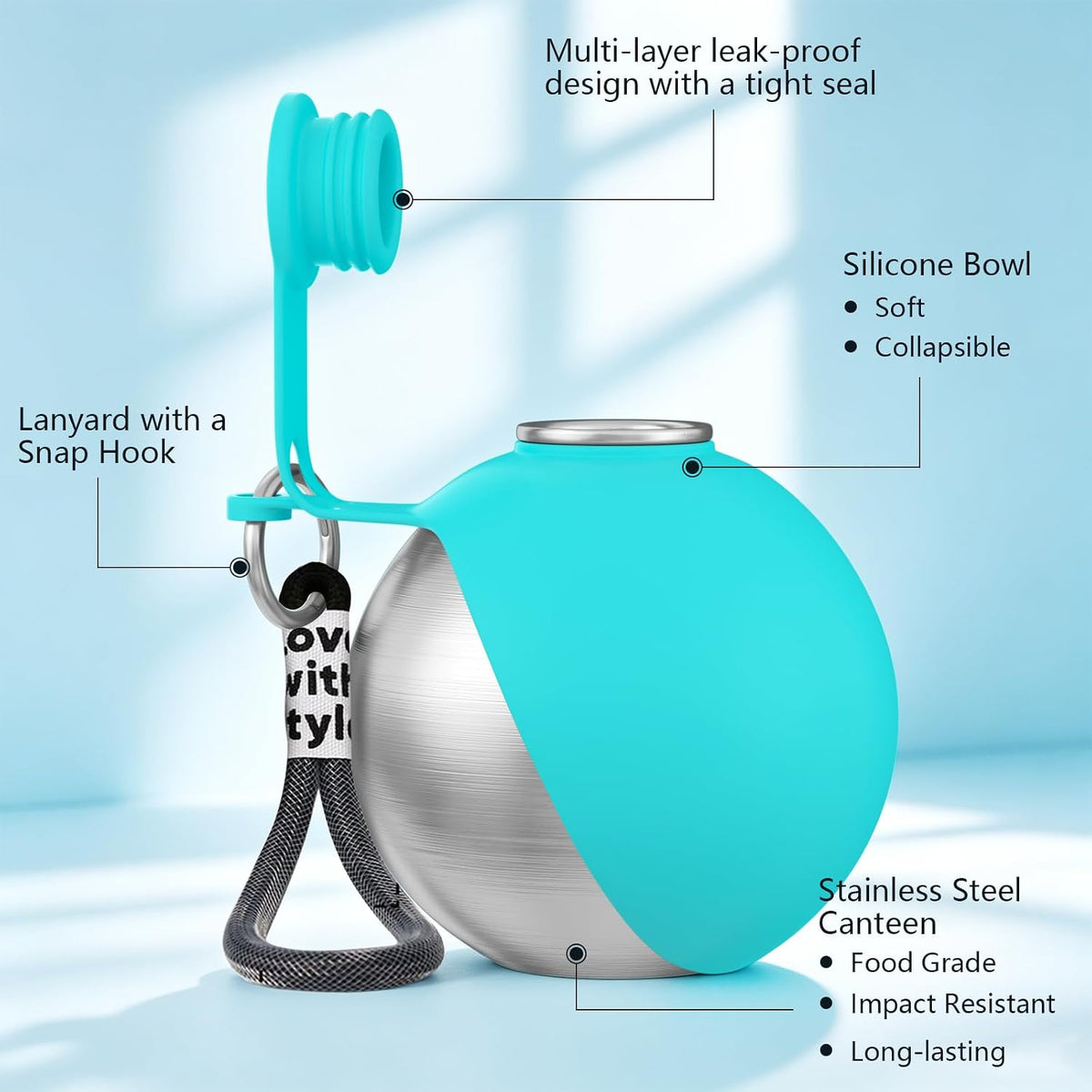 2 in 1 Dog Water Bottle with Bowl, 10oz Stainless Steel - Blue
