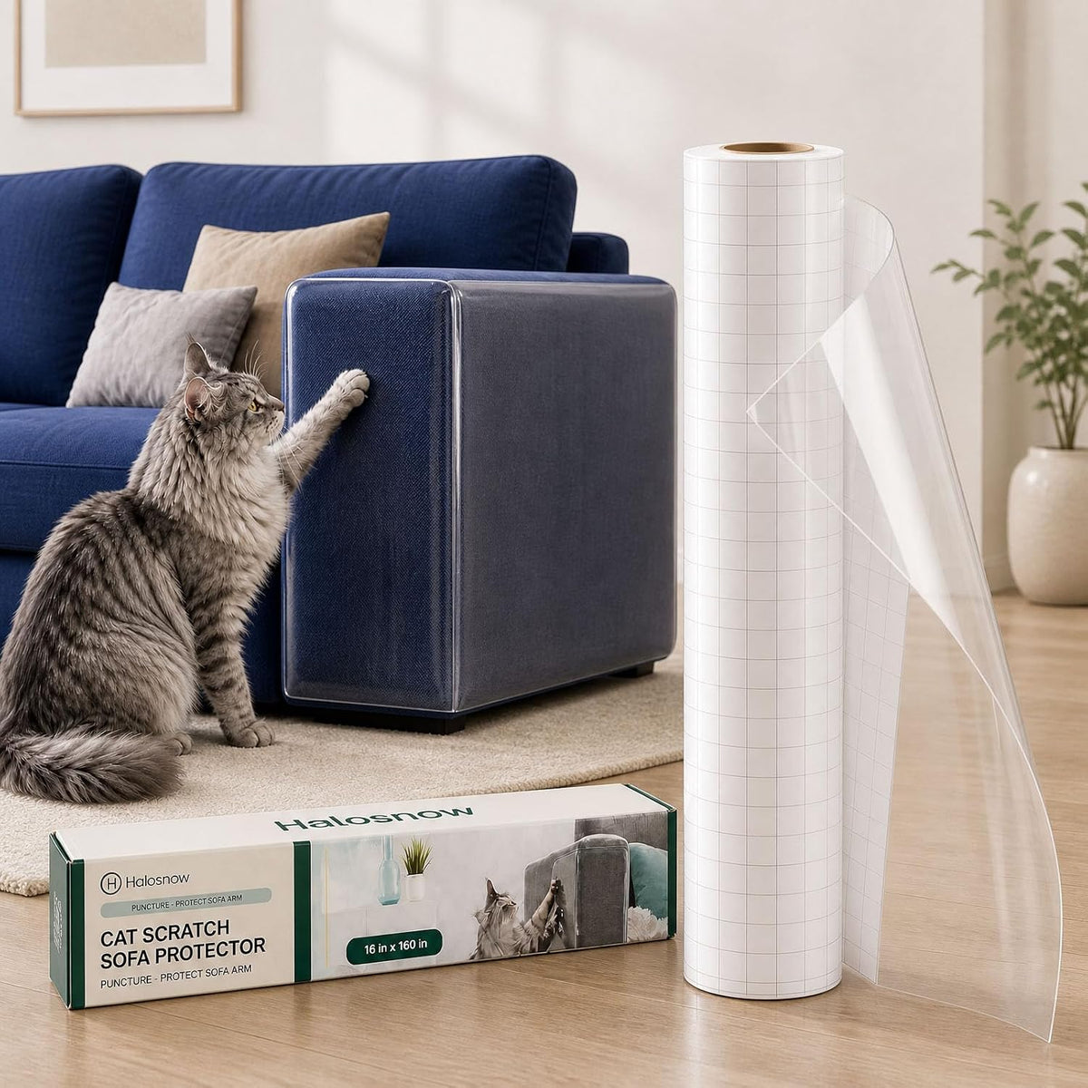 Anti Cat Scratch Furniture Protector 16in x 160in, 0.2mm Thicker Clear Vinyl Tape, Couch Protector from Cat Claws, Flexible Corner Guard for Sofa Bed Door, Cut to Size with Grid Lines