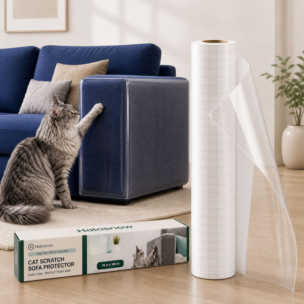 Anti Cat Scratch Furniture Protector 16in x 160in, 0.2mm Thicker Clear Vinyl Tape, Couch Protector from Cat Claws, Flexible Corner Guard for Sofa Bed Door, Cut to Size with Grid Lines