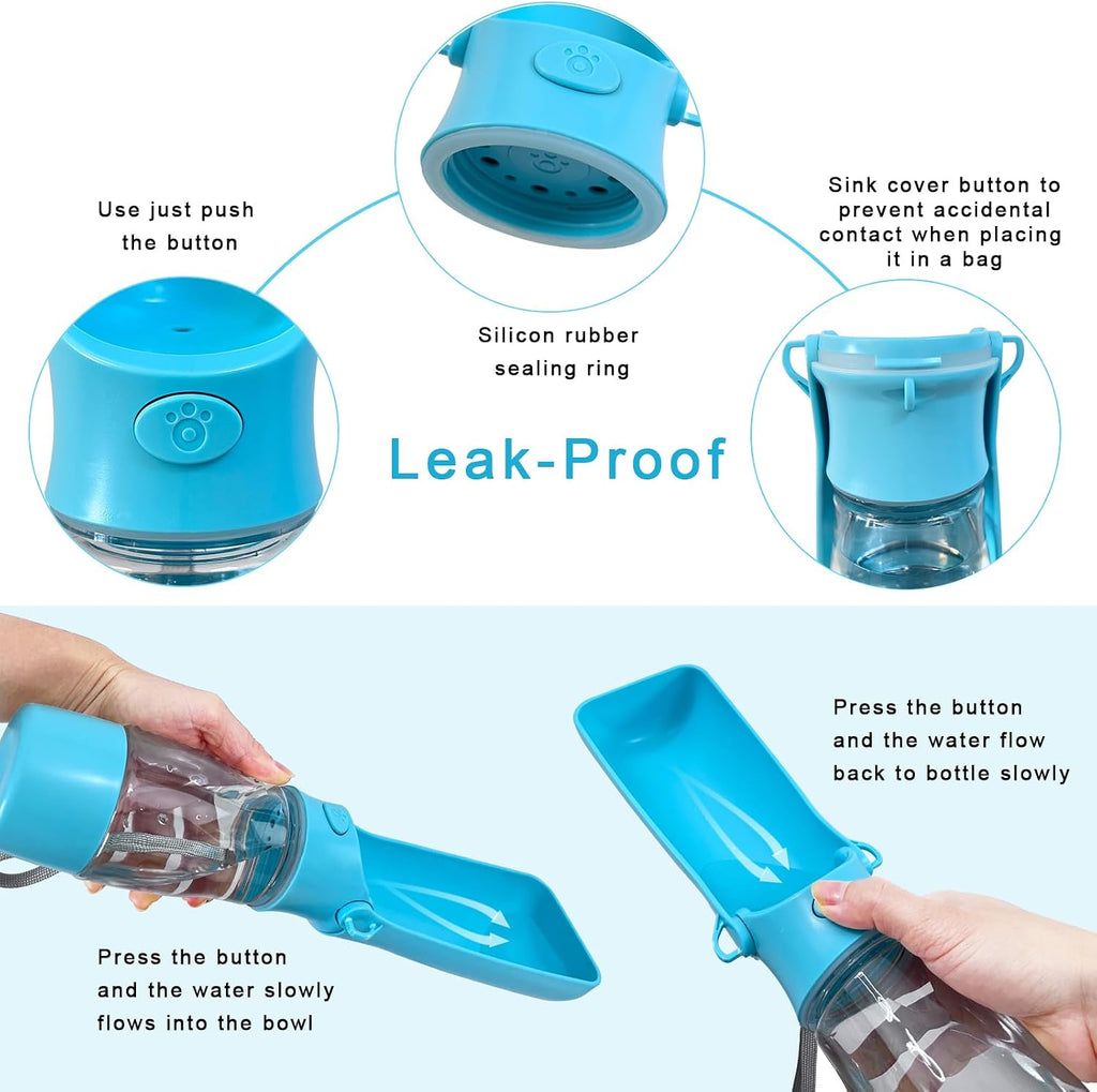 Portable 2-in-1 Pet Water Bottle for Dogs Cats, Leakproof 8oz Travel Bottle with Food Storage, Blue