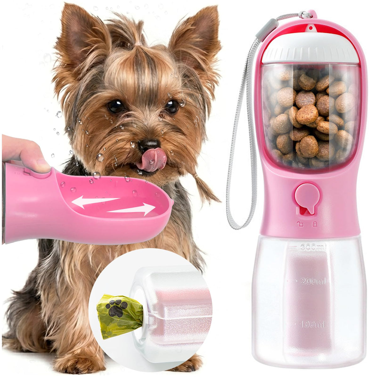 Portable Water Bottle for Dogs, 3 in 1 Pet Travel Bowl Dispenser with Food Treat Container & Poop Bag Holder, Summer Outdoor Walking Hiking Accessories for Large Dog On The Go - Blue, 20oz