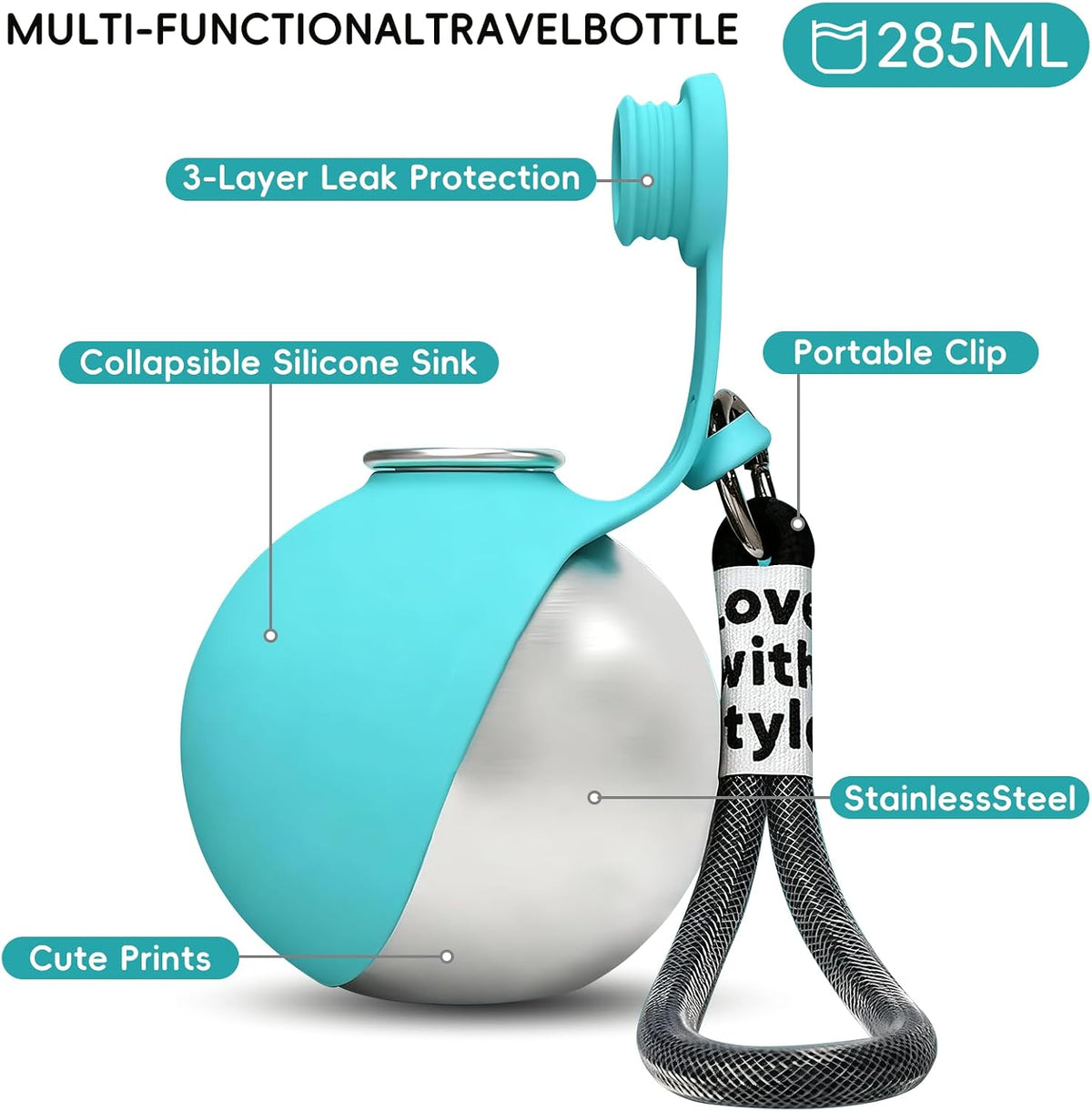 2in1 Portable Dog Water Bottle Portable,10oz Stainless Steel Leak Proof Pet Water Bottle Portable Dog Water Bottle Silicone Bowl,Outdoor Travel Water Bottle for Dogs Walking Hiking Camping, Blue