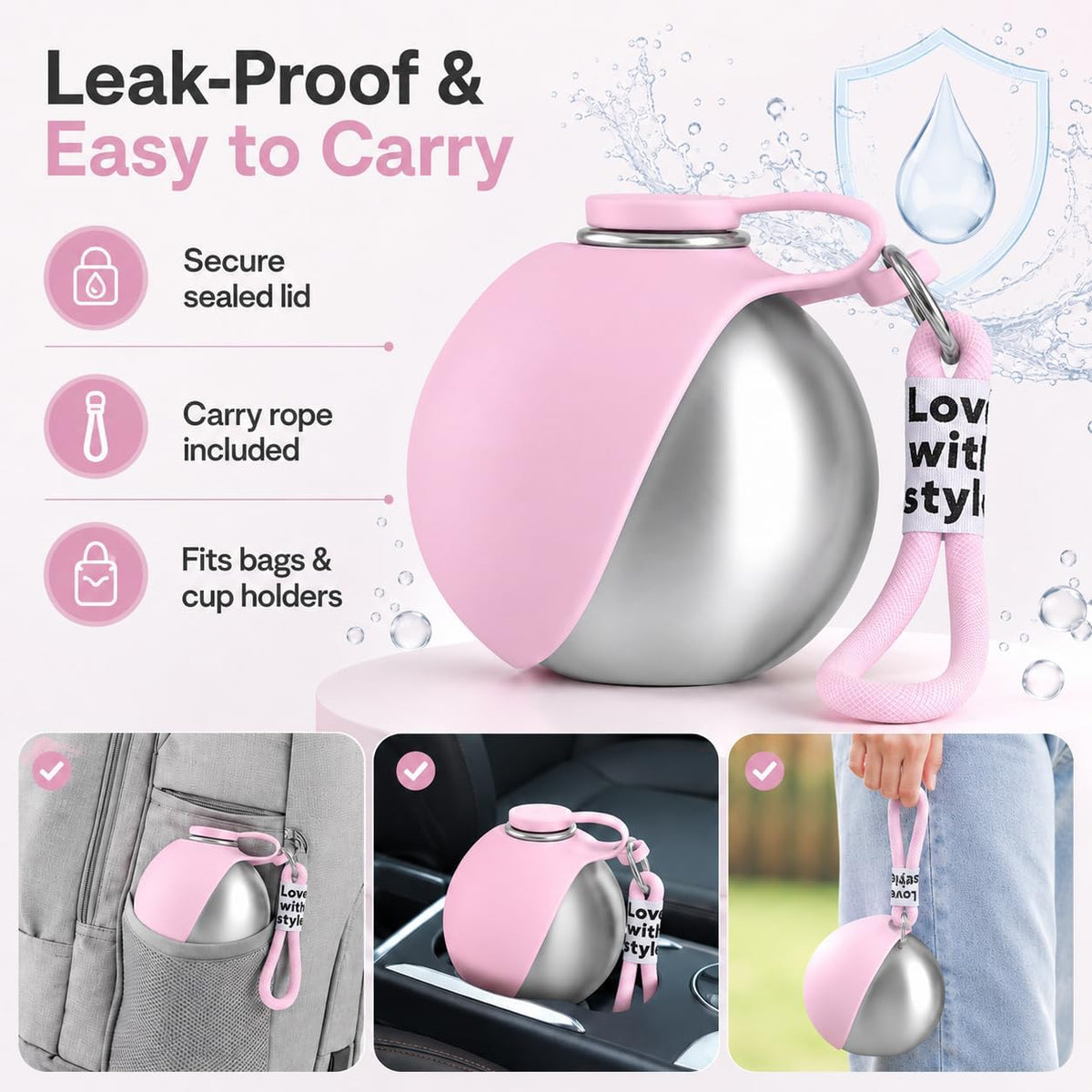 Portable Pet Dog Water Bottle with Silicone Collapsible Bowl, 10 oz Pink
