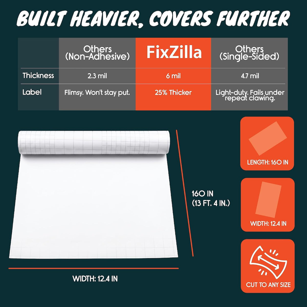 FixZilla Anti Cat Scratch Furniture Protector for Couches, One Sided Adhesive, 12.4" x 160" Soft Flexible Couch Protector from Cat Claws, No Twist Pins Needed, Hugs Corners, Curves, Includes Squeegee