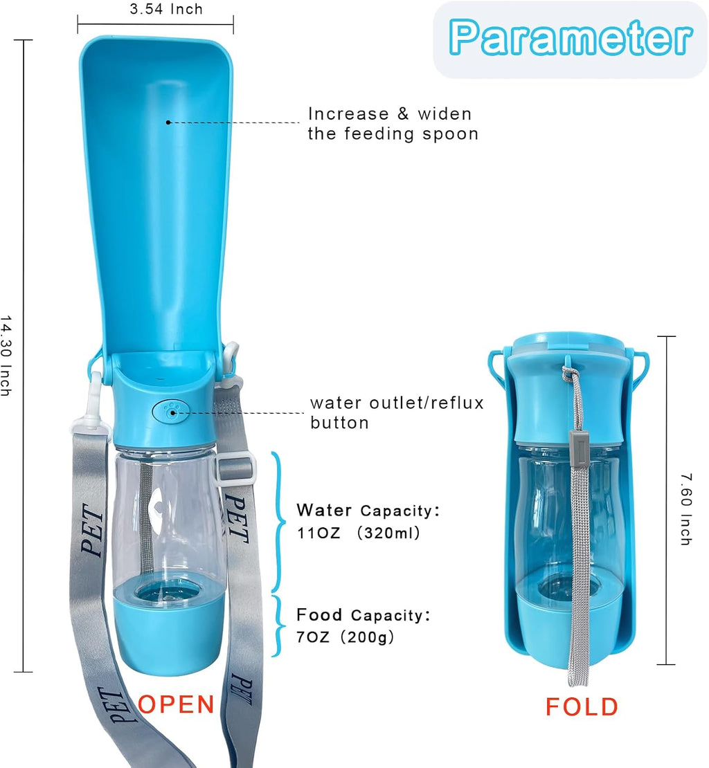 Portable 2-in-1 Pet Water Bottle for Dogs Cats, Leakproof 8oz Travel Bottle with Food Storage, Blue