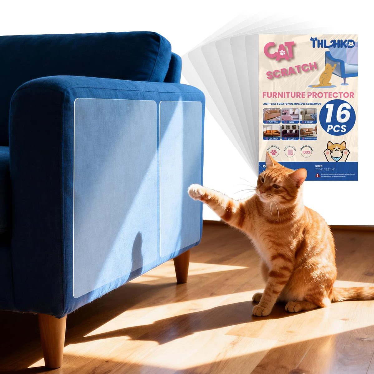 12PCS Cat Scratch Furniture Protector, Single Sided Couch Protectors Tape from Cats Claws Scratching, Transparent Sticky Sheets Proof Clawing Sofa Corner Protection Cover Anti Scratch for Furniture