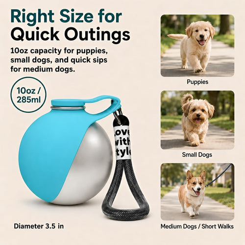 2 in 1 Dog Water Bottle Portable with Bowl, 10oz Stainless Steel, Blue