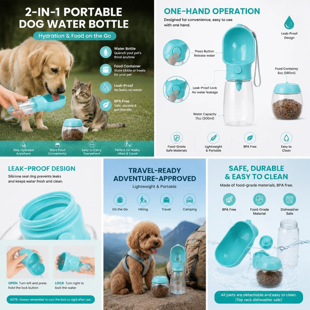 2-in-1 Dog Cat Portable Water & Food Travel Dispenser Bottle (Green)